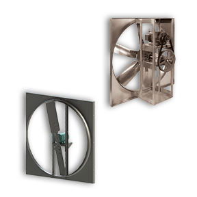 Sidewall-mounted propeller fans for commercial ventilation, designed to move large volumes of air efficiently.