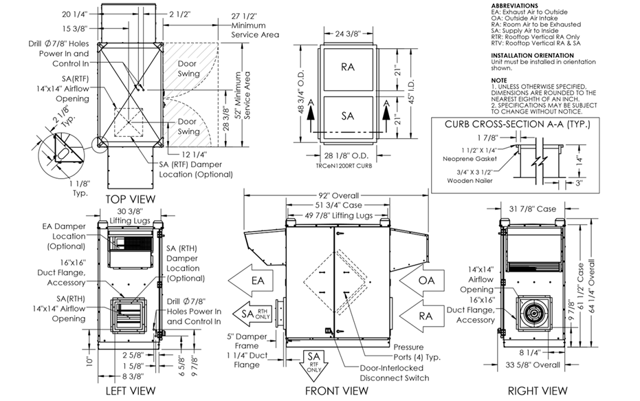 Dimensional drawing for the TRCeN 1200 RTH model.
