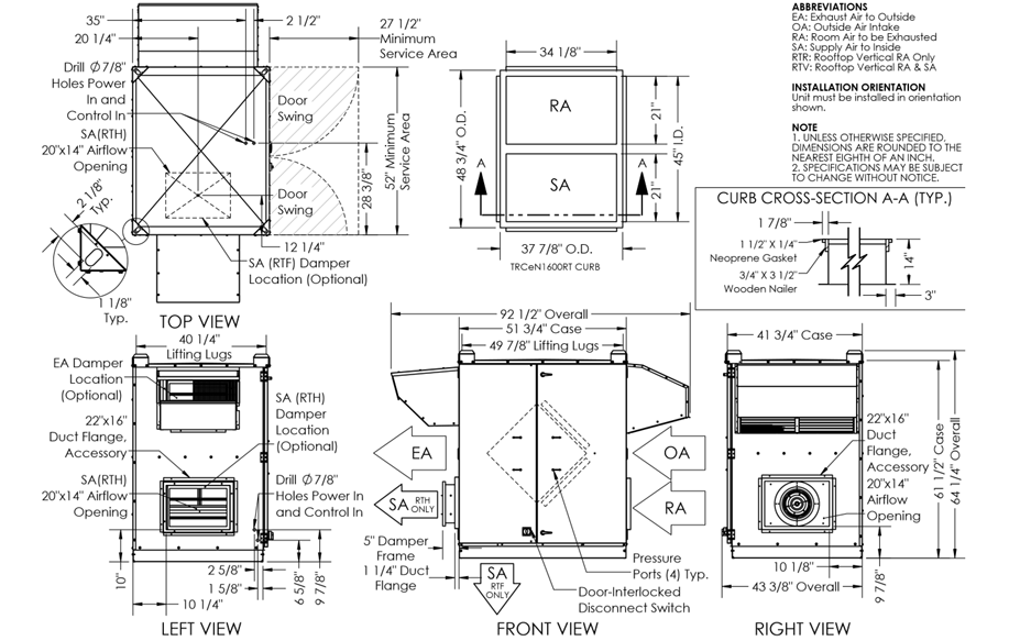 Dimensional drawing for the TRCeN 1600 RTH model.